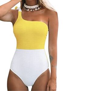 CUPSHE Swimsuit One Shoulder Yellow White Colorblock 1 Piece Bathing Suit Medium